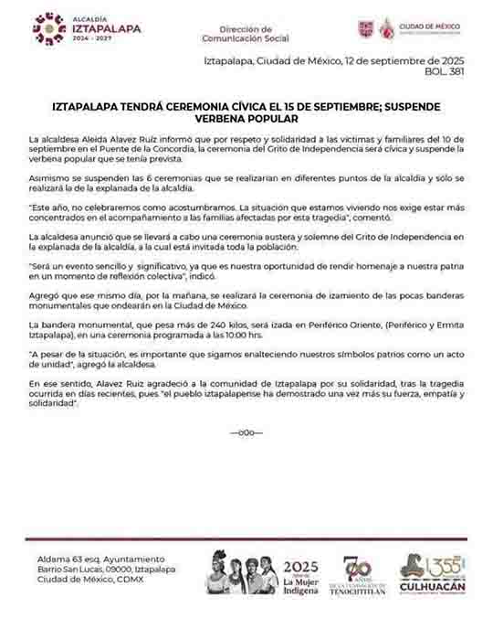 Iztapalapa cancela festejos patrios por respeto a víctimas de accidente 1 COMUNICADO 2